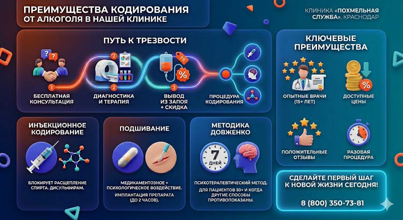Инфографика о методах кодирования от алкоголя в Озерном: инъекции, подшивание, метод Довженко. Преимущества клиники и этапы лечения.